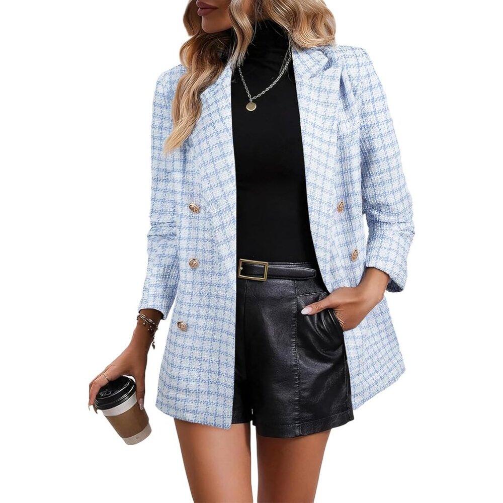 Sophisticated Women's Long Sleeve Double Breasted Plaid Blazer - Business Casual